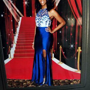 Blue formal gown, satin like material, thigh slit